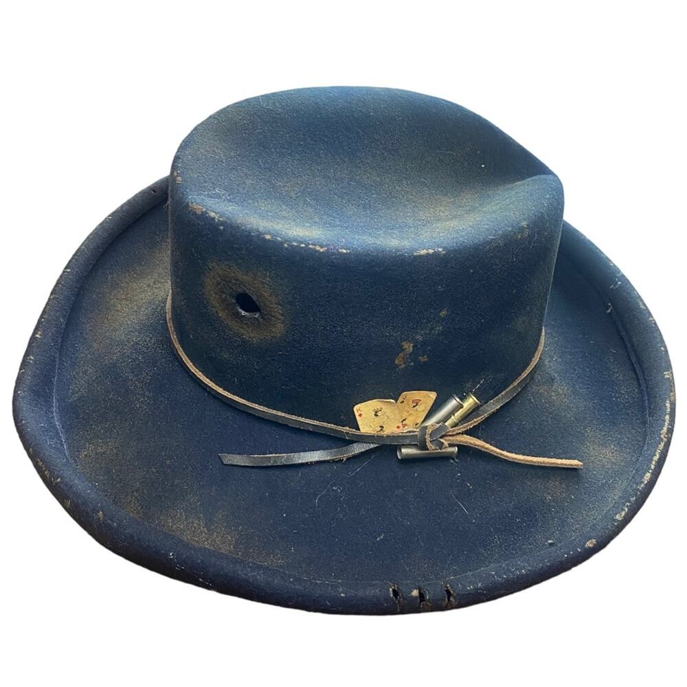 Black wool hat with handmade burn details, bullet holes, & playing cards AWESOME